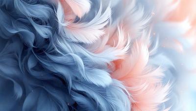 The primary subject of the image is a feathered object, which appears to be a combination of blue and pink feathers. The setting is a blue and pink background, creating a visually striking contrast. The visual style of the image is a digital art or illustration, showcasing the intricate details of the feathers. The colors and mood of the image are predominantly blue and pink, giving it a vibrant and lively atmosphere.