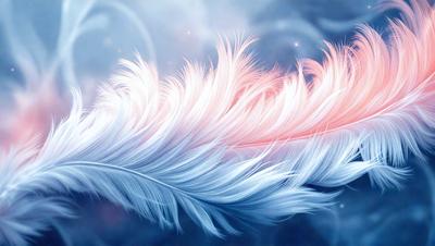 The primary subject of the image is a white and pink feather. The setting is a blue background, which creates a contrasting and visually appealing scene. The visual style is a combination of photo and digital art, as the feather appears to be a real object, yet the background is digitally created. The colors and mood of the image are predominantly blue and pink, giving it a serene and calming atmosphere.