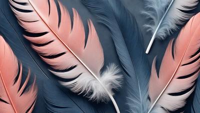 The primary subject of the image is a close-up of a pink and white feather. The feather is placed on a blue surface, which serves as the setting or background. The visual style of the image is a photo, capturing the intricate details of the feather. The dominant colors in the image are pink and white, creating a soft and delicate atmosphere.