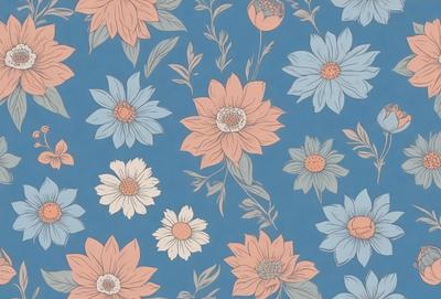 The primary subject of the image is a blue and white floral pattern, featuring a variety of flowers. The setting is a blue background, which complements the vibrant colors of the flowers. The visual style is a combination of digital art and illustration, creating a unique and eye-catching design. The dominant colors are blue and white, with the flowers adding pops of color to the overall atmosphere.