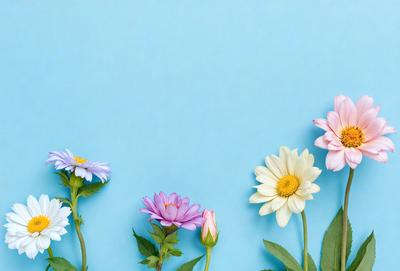 The primary subject of the image is a bouquet of flowers, which are displayed in various colors and sizes. The flowers are arranged in a visually appealing manner, creating a sense of harmony and beauty. The setting is a blue wall, which serves as a striking backdrop for the flowers. The visual style of the image is a combination of photo and digital art, resulting in a vibrant and lively scene. The colors and mood of the image are predominantly warm and inviting, with the flowers acting as a