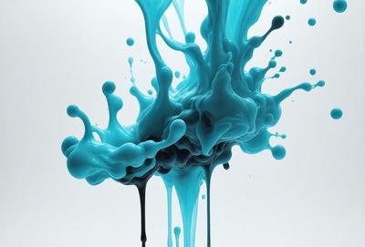 The primary subject of the image is a blue and black splash of paint, which appears to be a digital art or illustration. The setting is a white background, and the visual style is a close-up of the splash of paint. The dominant colors in the image are blue and black, creating a moody and dramatic atmosphere.