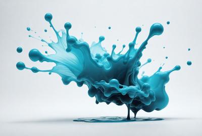 The primary subject of the image is a blue, swirling, and splashing liquid, which appears to be a blue water-like substance. The setting is a white background, which provides a clean and minimalist appearance. The visual style is a digital art or illustration, as the blue liquid is depicted in a dynamic and artistic manner. The dominant colors are blue and white, creating a calming and serene atmosphere.