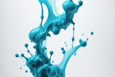 The primary subject of the image is a blue liquid, possibly a paint or a dye, that is splashing and dripping onto a white surface. The setting appears to be a studio or a workspace, as the liquid is being poured or applied onto a canvas or a paper. The visual style of the image is a combination of photo and digital art, as it captures the motion and flow of the blue liquid. The colors and mood of the image are predominantly blue, creating a sense of calmness and tran