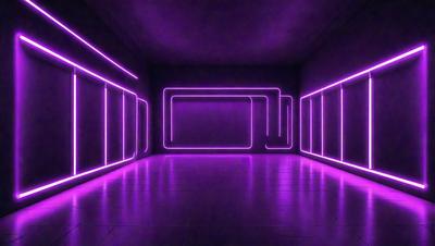 The primary subject of the image is a purple room with a purple floor. The setting is a room with a purple floor and a purple wall. The visual style is a digital art or illustration, as the room is filled with purple neon lights. The colors and mood of the image are predominantly purple, creating a unique and artistic atmosphere.