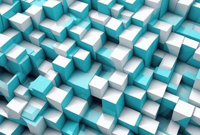 The primary subject of the image is a blue and white checkered pattern. The setting is a blue background, and the visual style is digital art. The dominant colors are blue and white, creating a calm and soothing atmosphere.