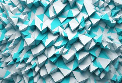 The primary subject of the image is a large, blue, geometric wall with a pattern of triangles. The setting is a blue background, and the visual style appears to be a digital art or illustration. The dominant colors are blue and white, creating a calm and soothing atmosphere.