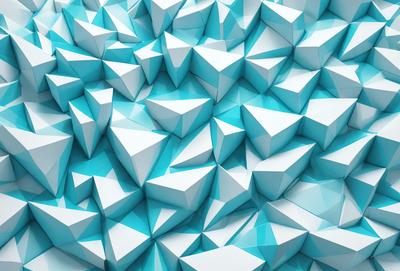 The primary subject of the image is a large, intricate, and colorful design made up of many white triangles. The setting is a blue background, which contrasts with the white triangles, creating a visually striking pattern. The visual style of the image is a combination of digital art and illustration, as it appears to be a computer-generated design. The colors and mood of the image are predominantly blue and white, giving it a clean, modern, and sophisticated appearance.