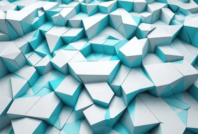 The primary subject of the image is a large, intricate, and colorful design made up of many small white and blue cubes. The setting is a blue background, which contrasts with the white and blue cubes. The visual style is a combination of digital art and illustration, creating a unique and eye-catching pattern. The colors and mood of the image are predominantly blue and white, giving it a clean, modern, and sophisticated appearance.