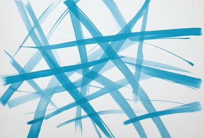 The primary subject of the image is a blue and white painting or drawing, featuring a series of blue and white lines. The setting is a white background, which provides a clean and uncluttered environment for the artwork. The visual style appears to be a combination of digital art and traditional drawing techniques. The colors and mood of the image are predominantly blue and white, creating a sense of calmness and simplicity.