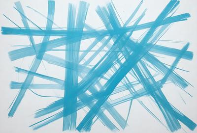 The primary subject of the image is a blue line or brush stroke, which is the main focus of the image. The setting is a white background, which provides a clean and uncluttered environment for the blue line. The visual style of the image is a combination of a photo and a digital art or illustration, as it appears to be a painting or drawing with a digital touch. The colors and mood of the image are predominantly blue, creating a calm and serene atmosphere.