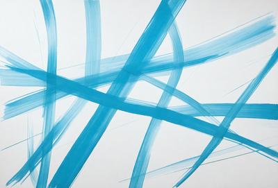 The primary subject of the image is a blue and white painting or drawing, which appears to be a modern art piece. The setting is a white background, which provides a clean and minimalist appearance. The visual style is a combination of digital art and illustration, creating a unique and contemporary look. The dominant colors are blue and white, which contribute to a calm and serene atmosphere.