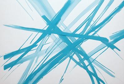 The primary subject of the image is a blue and white painting or drawing, featuring a pattern of blue and white lines. The setting is a white wall, which serves as the background for the artwork. The visual style appears to be a combination of digital art and traditional drawing, creating a unique and intriguing pattern. The colors and mood of the image are predominantly blue and white, giving it a calm and serene atmosphere.