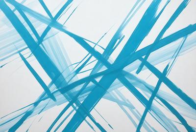 The primary subject of the image is a blue and white painting or drawing, featuring a pattern of blue and white lines. The setting is a white background, which provides a clean and minimalist appearance. The visual style is a combination of artistic expression and digital art, as the lines appear to be digitally created. The colors and mood of the image are predominantly blue and white, giving it a calm and serene atmosphere.