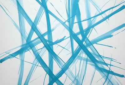 The primary subject of the image is a blue and white painting or drawing, featuring a series of interconnected lines. The setting is a white background, which provides a clean and minimalist appearance. The visual style is a combination of artistic expression and digital art, as the lines appear to be drawn with a stylus or similar tool. The colors and mood of the image are predominantly blue and white, creating a sense of calmness and tranquility.