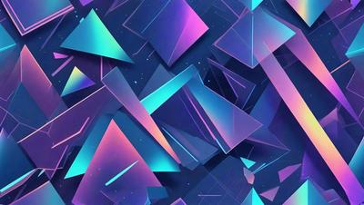 The primary subject of the image is a colorful, geometric pattern made up of triangles and other shapes. The setting is a blue background, which adds to the overall visual style. The image is a digital art piece, showcasing a vibrant and lively atmosphere. The dominant colors include blue, purple, and pink, creating a sense of depth and energy in the composition.