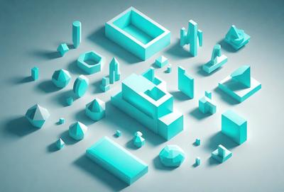 The primary subject of the image is a collection of blue geometric shapes, including cubes and other geometric forms. These shapes are arranged on a white surface, creating a visually appealing and colorful display. The setting appears to be a white background, which provides a clean and minimalistic backdrop for the shapes. The visual style of the image is a combination of digital art and illustration, as the shapes are carefully crafted and arranged to create a cohesive and aesthetically pleasing composition. The dominant colors in the image