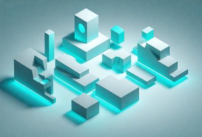 The primary subject of the image is a collection of blue and white geometric shapes, which are arranged in a visually appealing manner. The setting is a white background, which provides a clean and minimalist appearance. The visual style is a combination of digital art and illustration, creating a unique and eye-catching design. The dominant colors are blue and white, which contribute to a calm and soothing atmosphere.