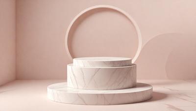 The primary subject of the image is a white marble table with a circular top. The table is placed on a pink surface, which adds a contrasting color to the scene. The visual style of the image is a photo, capturing the details of the marble table and its surroundings. The colors and mood of the image are predominantly white and pink, creating a clean and elegant atmosphere.
