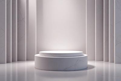 The primary subject of the image is a white, round, marble-like table or pedestal. The table is placed in a white room, which serves as the setting and background. The visual style of the image is a photo, capturing the details and textures of the marble surface. The colors and mood of the image are predominantly white, giving it a clean and minimalist appearance.
