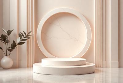 The primary subject of the image is a white marble circle, which is the main object in the scene. The setting is a room with a white marble wall, and the visual style is a photo. The colors in the image are predominantly white, giving it a clean and elegant appearance. The overall atmosphere is sophisticated and luxurious.
