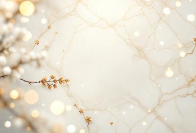 The primary subject of the image is a close-up of a branch with gold stars on it. The setting is a white background, which creates a contrast with the gold stars. The visual style is a combination of a photo and digital art, as the gold stars are digitally created and placed on the branch. The colors and mood of the image are predominantly gold and white, giving it a warm and elegant atmosphere.