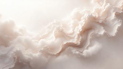 The primary subject of the image is a cloudy sky with a white background. The visual style appears to be a combination of photo and digital art, creating a unique and artistic representation of the clouds. The colors and mood of the image are predominantly white, giving it a serene and peaceful atmosphere.