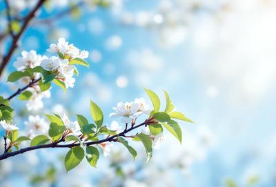 Primary subject: White flowers on a tree branch.

Setting/background: A blue sky with some clouds.

Visual style: A photo of the flowers.

Colors and mood: The flowers are white, and the overall atmosphere is serene and peaceful.