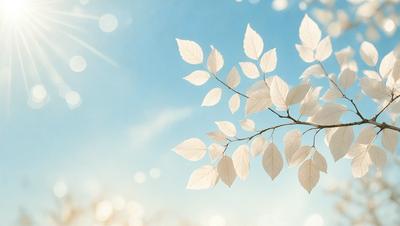The primary subject of the image is a white leaf floating in the air. The leaf is the main focus of the image, and it appears to be a natural element, possibly from a tree. The setting is a blue sky, which serves as a beautiful backdrop for the leaf. The visual style of the image is a combination of photo and digital art, creating a realistic yet artistic representation of the leaf in the sky. The colors in the image are predominantly white and blue, giving the scene a serene and peaceful atmosphere