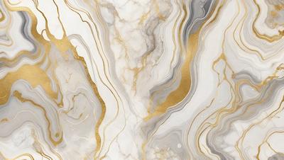 The primary subject of the image is a marble countertop with a gold and white pattern. The setting is a kitchen, and the visual style is a close-up of the marble countertop. The dominant colors are gold and white, creating a luxurious and elegant atmosphere.