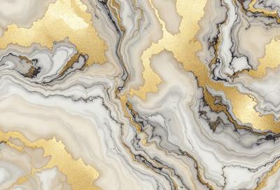 The primary subject of the image is a marble-like pattern with gold accents. The setting is a white marble surface, and the visual style appears to be a combination of a photo and digital art. The dominant colors are white and gold, creating a luxurious and elegant atmosphere.