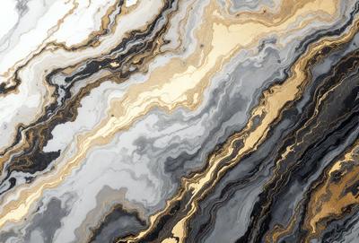 The primary subject of the image is a marble-like surface with a gold and black pattern. The setting is a rocky surface, and the visual style appears to be a combination of a photo and digital art. The dominant colors are gold and black, creating a striking and visually appealing pattern.