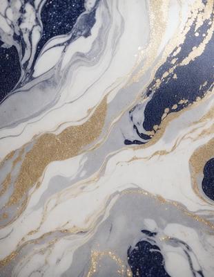 The primary subject of the image is a marble table with a gold and blue pattern. The setting is a room with a blue background. The visual style is a combination of photo and digital art, creating a unique and eye-catching design. The dominant colors are gold and blue, giving the table a luxurious and elegant appearance.