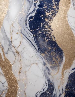 The primary subject of the image is a marble table with a gold and blue pattern. The setting is a room with a blue and gold marble table. The visual style is a combination of digital art and illustration. The dominant colors are gold, blue, and white, creating a luxurious and elegant atmosphere.
