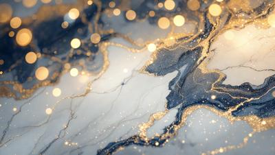 The primary subject of the image is a close-up of a marble surface with gold glitter. The setting is a marble countertop, and the visual style is a combination of a photo and digital art. The colors and mood of the image are predominantly gold and glittery, creating a luxurious and elegant atmosphere.