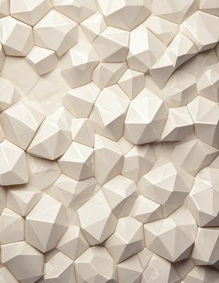 The primary subject of the image is a large white wall covered with a pattern of white geometric shapes. The setting is a white room, and the visual style appears to be a combination of digital art and illustration. The dominant colors are white, and the overall atmosphere is clean, minimalistic, and modern.