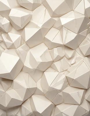 The primary subject of the image is a large white wall with a pattern of white triangles. The setting is a white room, and the visual style appears to be a combination of digital art and illustration. The dominant colors are white, and the overall atmosphere is clean and minimalistic.