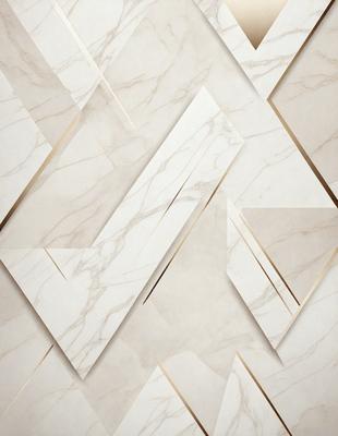 The primary subject of the image is a marble wall with a pattern of triangles. The setting is a room with a white marble wall, and the visual style is a close-up of the wall. The colors and mood of the image are predominantly white, giving it a clean and elegant appearance.
