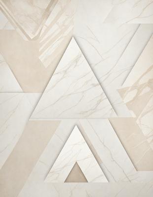 The primary subject of the image is a white marble wall with a pattern of triangles. The setting is a room with a white marble floor. The visual style is a combination of digital art and illustration, creating a modern and elegant atmosphere. The dominant colors are white and grey, which contribute to the clean and sophisticated appearance of the space.