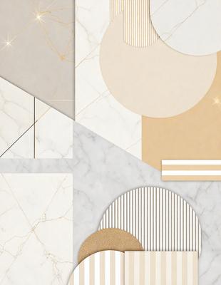 The primary subject of the image is a patterned marble wall. The setting is a room with a marble floor. The visual style is a combination of digital art and illustration. The dominant colors are white, gold, and beige, creating a clean and elegant atmosphere.