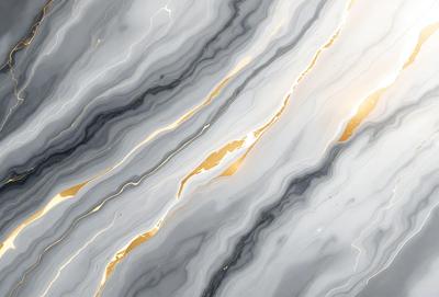 The primary subject of the image is a marble wall with a gold and white pattern. The setting is a room with a marble floor, and the visual style is a close-up of the marble wall. The colors and mood of the image are predominantly gold and white, creating a luxurious and elegant atmosphere.