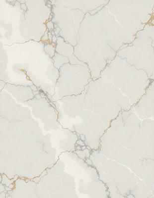 The primary subject of the image is a marble wall with a pattern of gold and white. The setting is a room with a white marble floor. The visual style is a close-up of the marble wall, showcasing its intricate design. The colors and mood of the image are predominantly white and gold, giving it a luxurious and elegant appearance.