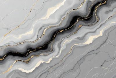 The primary subject of the image is a marble countertop with a gold and black pattern. The setting is a kitchen, and the visual style is a close-up of the countertop. The dominant colors are gold and black, creating a luxurious and elegant atmosphere.