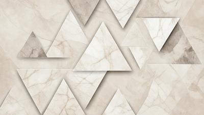 The primary subject of the image is a pattern of white triangles on a marble surface. The setting is a marble wall, and the visual style is a combination of digital art and illustration. The dominant colors are white and gray, creating a clean and elegant atmosphere.