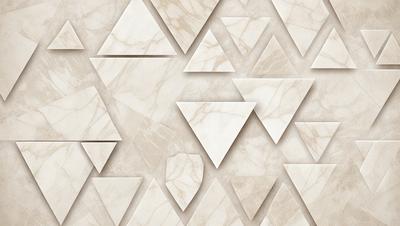 The primary subject of the image is a marble wall with a pattern of triangles. The setting is a room with a marble surface, and the visual style is a combination of photo and digital art. The dominant colors are white and gray, creating a clean and elegant atmosphere.