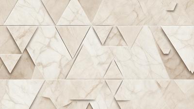 The primary subject of the image is a marble wall with a pattern of triangles. The setting is a room with a white marble wall, and the visual style is a close-up of the wall. The colors and mood of the image are predominantly white, giving it a clean and elegant appearance.