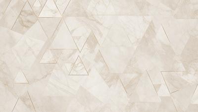 The primary subject of the image is a marble tile wall with a geometric pattern. The setting is a room with a white marble tile floor. The visual style is a combination of a photo and digital art, creating a unique and intricate design. The dominant colors are white and grey, giving the room a clean and sophisticated appearance.