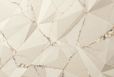 The primary subject of the image is a white marble wall with a pattern of triangles. The setting is a room with a white marble floor. The visual style is a close-up of the marble wall, showcasing the intricate pattern of the triangles. The colors and mood of the image are predominantly white, giving it a clean and elegant appearance.
