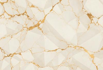 The primary subject of the image is a close-up of a marble wall with a gold-colored pattern. The setting is a room with a white background. The visual style is a combination of a photo and digital art, creating a unique and intricate design. The dominant colors are gold and white, giving the wall a luxurious and elegant appearance.
