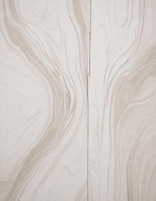 The primary subject of the image is a wooden door with a unique and intricate design. The door is made of wood and features a pattern that resembles a wave or a flowing water. The setting is a room with a wooden floor, and the visual style is a close-up of the door, showcasing its details. The colors and mood of the image are warm and inviting, with the wooden door serving as a focal point in the scene.